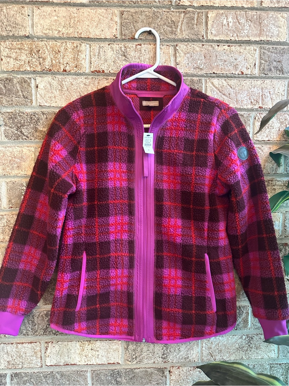 Talbots Pink and Burgundy Plaid Sherpa Jacket